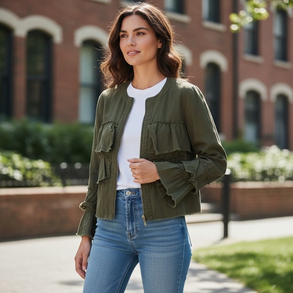 INC International Concepts Women’s Ruffled Linen Jacket olive green size small - Picture 2 of 12